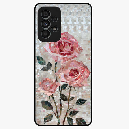 Blush Mosaic Bloom Glass Case showing flat back view with mosaic floral bloom artwork and glossy glass finish.