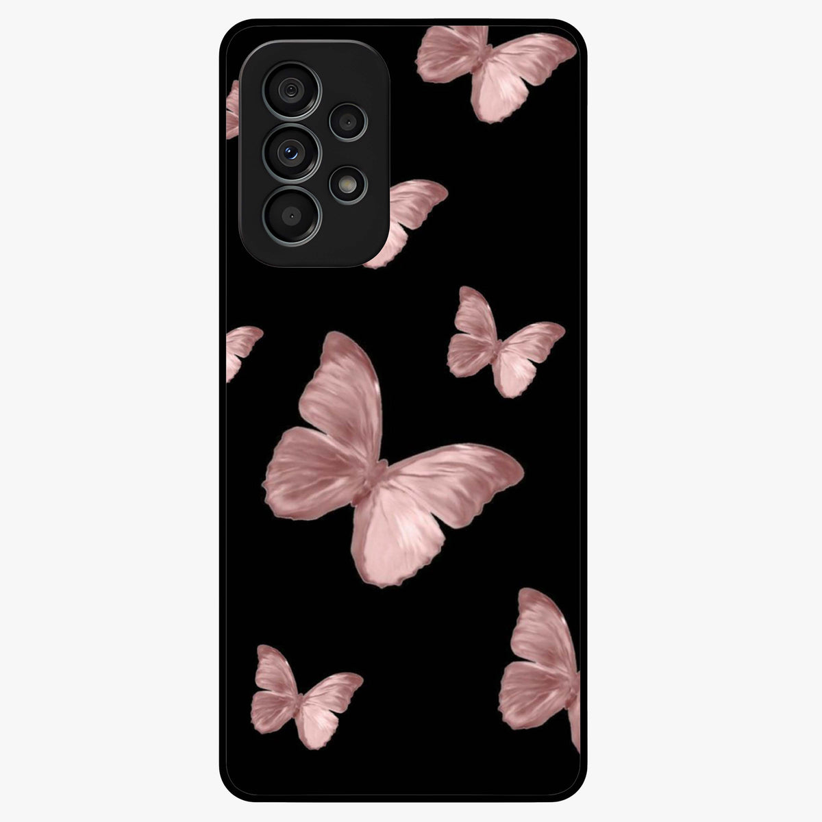 Butterfly Pattern Glass Case showing flat back view with elegant butterfly pattern artwork and glossy glass finish.