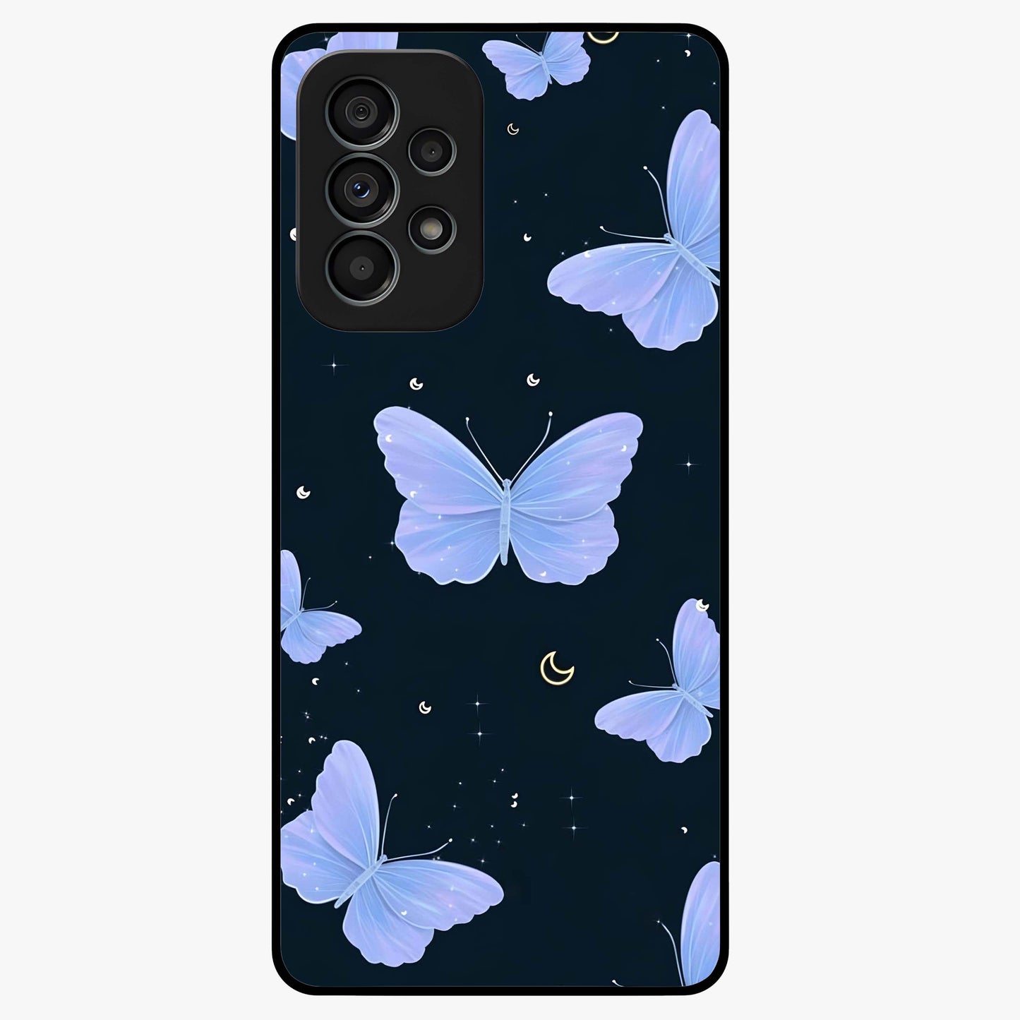 Butterfly With Stars Pattern Glass Case showing flat back view with butterfly and star pattern artwork and glossy glass finish.