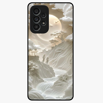 Celestial Origami Glass Case showing flat back view with artistic origami inspired celestial artwork and glossy glass finish.