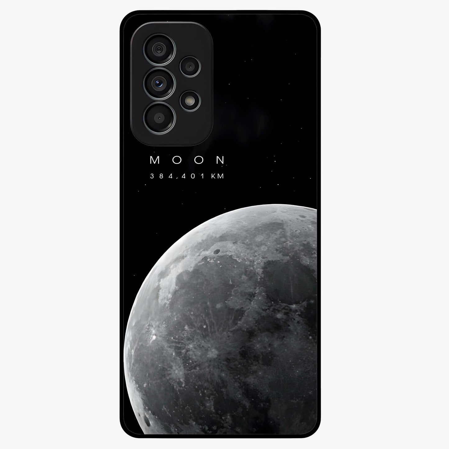 Cosmic Moon Glow Glass Case showing flat back view with glowing moon artwork and glossy glass finish.