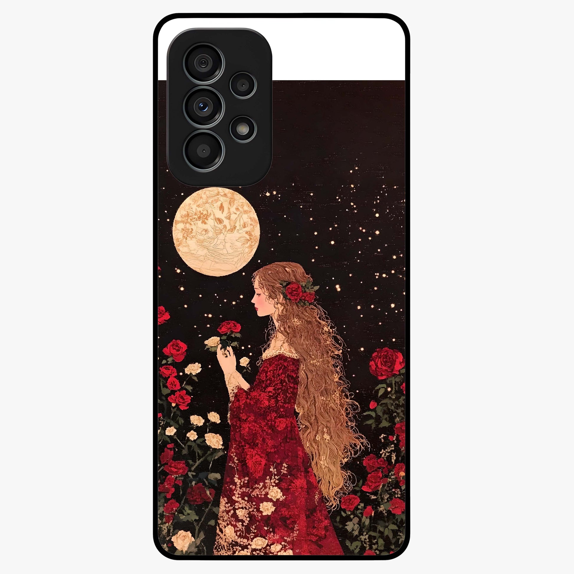 Crimson Dreams Glass Case showing flat back view with dreamy crimson artwork and glossy glass finish.