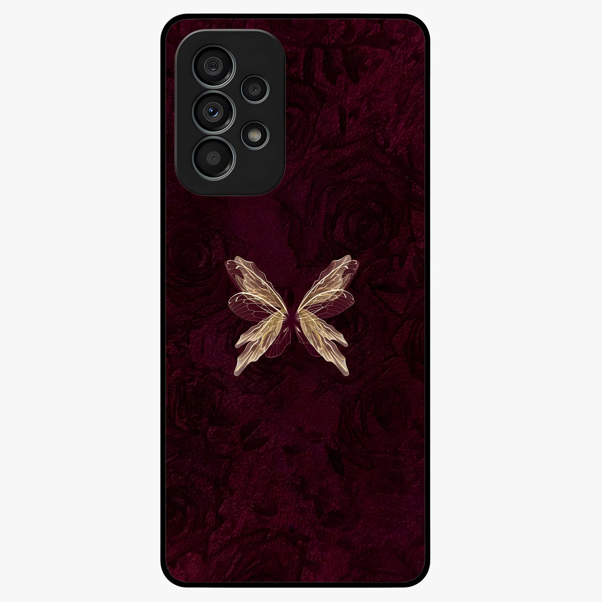 Crimson Fade Butterfly Glass Case showing flat back view with fading butterfly artwork and glossy glass finish.