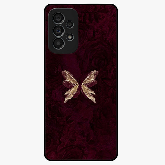 Crimson Fade Butterfly Glass Case showing flat back view with fading butterfly artwork and glossy glass finish.