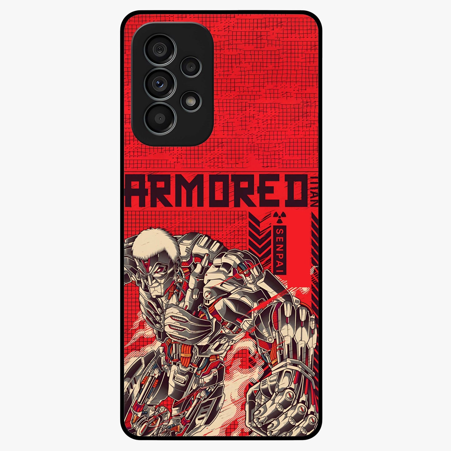 Crimson Mecha Titan Glass Case showing flat back view with powerful mech titan artwork and glossy glass finish.