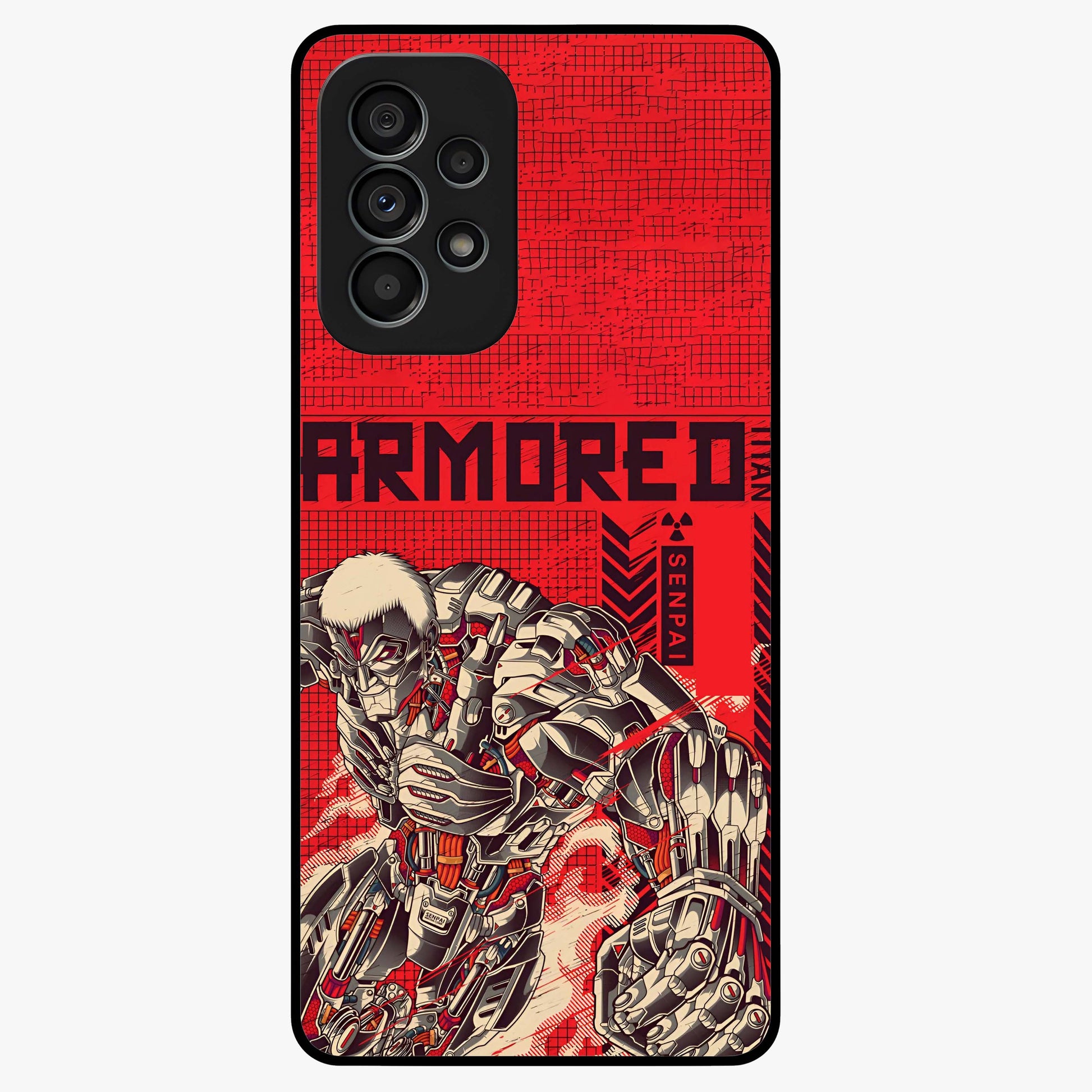 Crimson Mecha Titan Glass Case showing flat back view with powerful mech titan artwork and glossy glass finish.