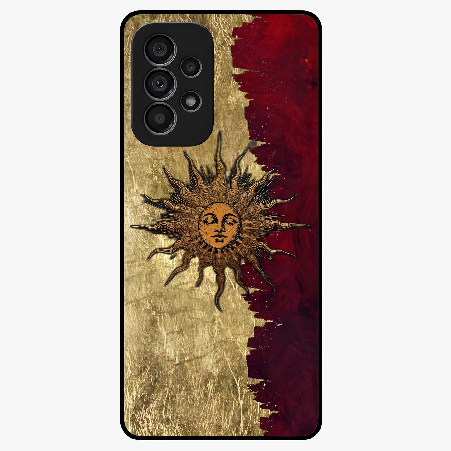 Crimson Sun Majesty Glass Case showing flat back view with radiant sun inspired artwork and glossy glass finish.