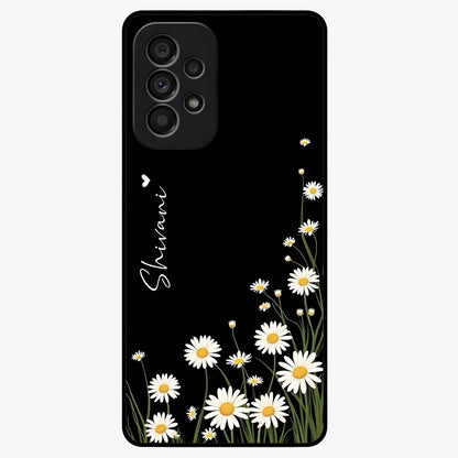 Daisy Cascade Custom Name Glass Case showing flat back view with cascading daisy flowers and personalized name design.