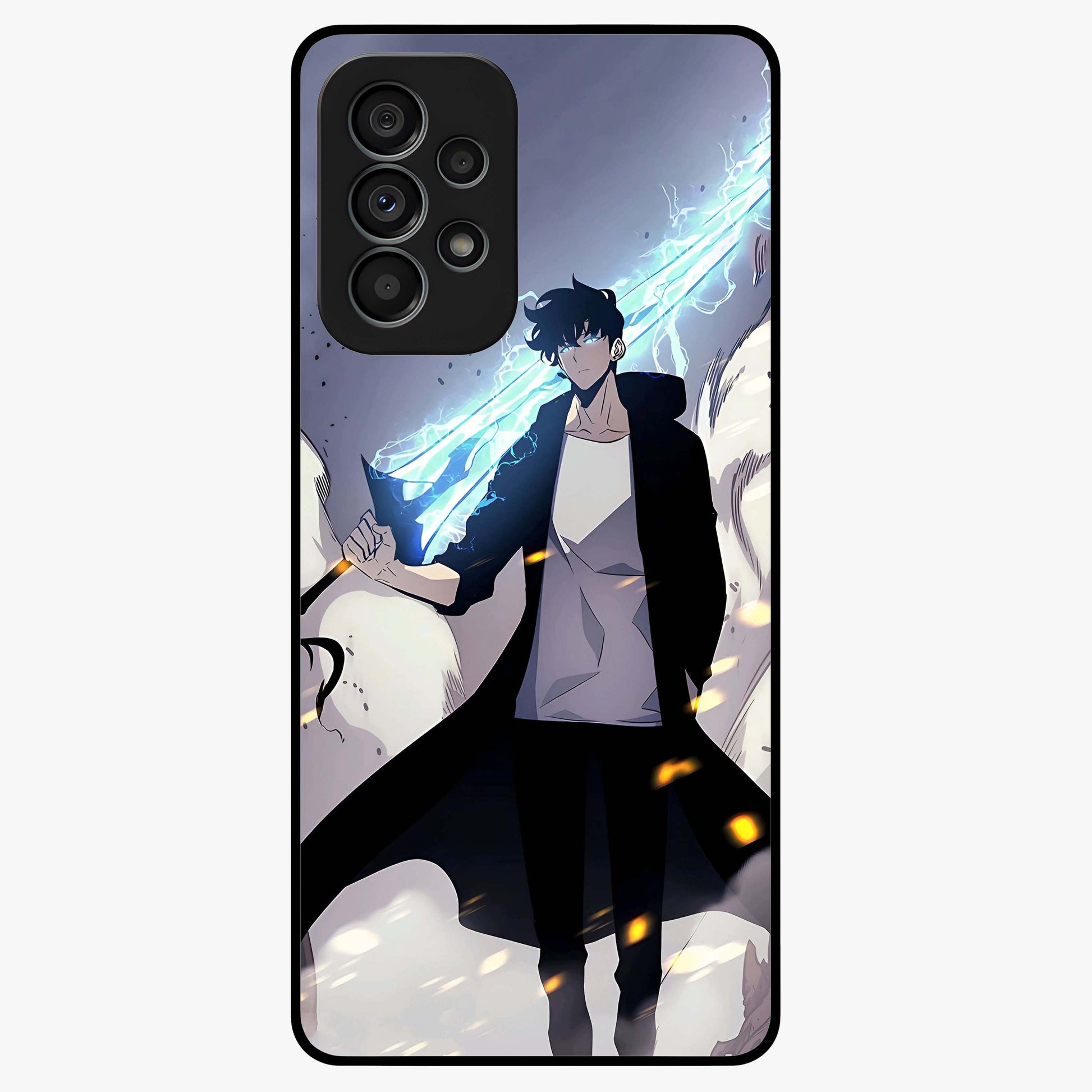 Dark Lightning Anime Warrior Glass Case showing flat back view with intense anime warrior artwork and glossy glass finish.