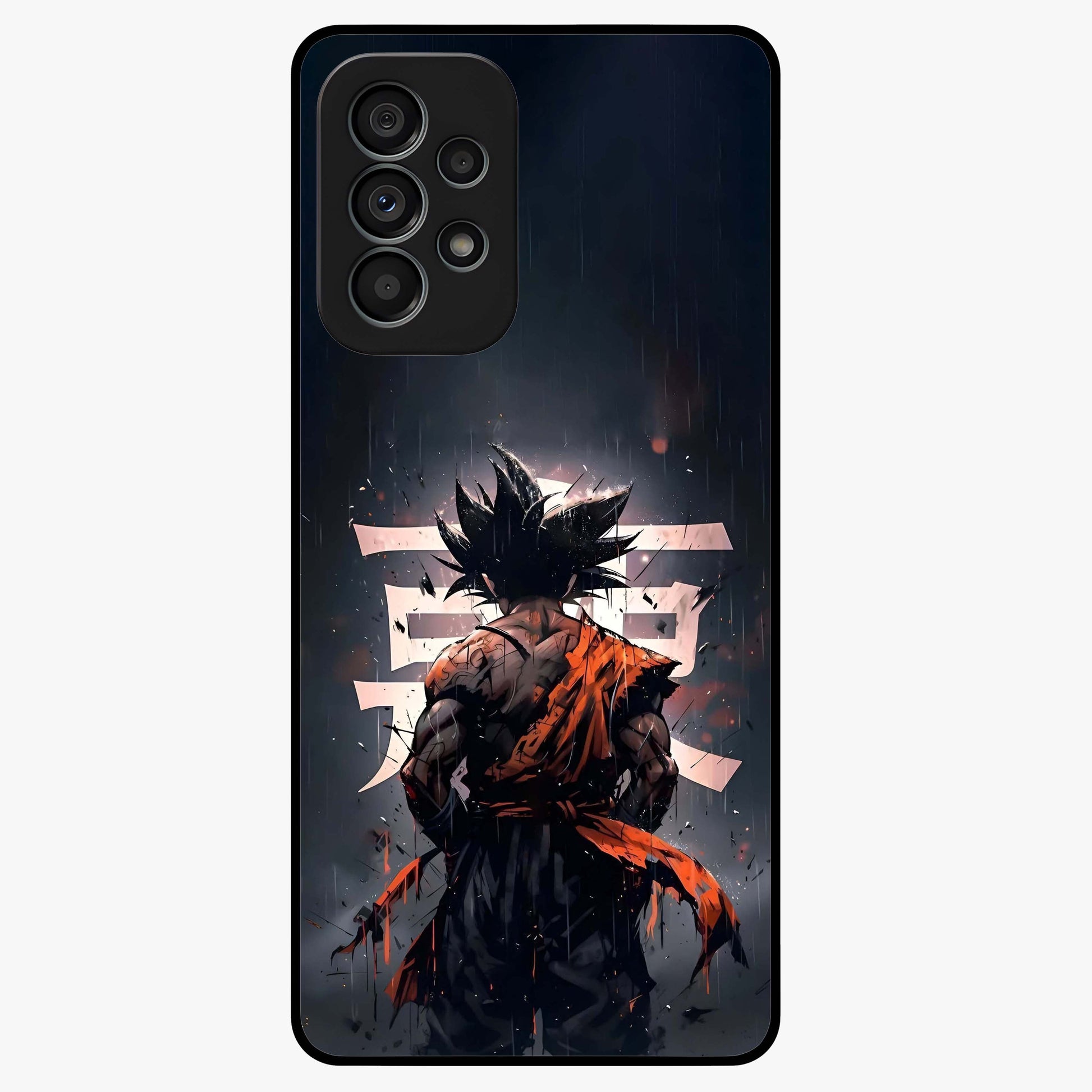 Dark Warrior In Rain Glass Case showing flat back view with warrior artwork in rainy atmosphere and glossy glass finish.