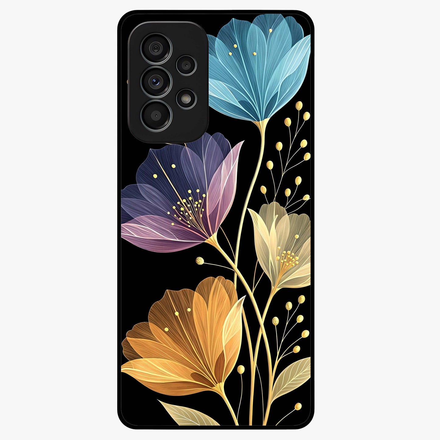Delicate Multicolor Flowers Glass Case showing flat back view with vibrant floral artwork and glossy glass finish.