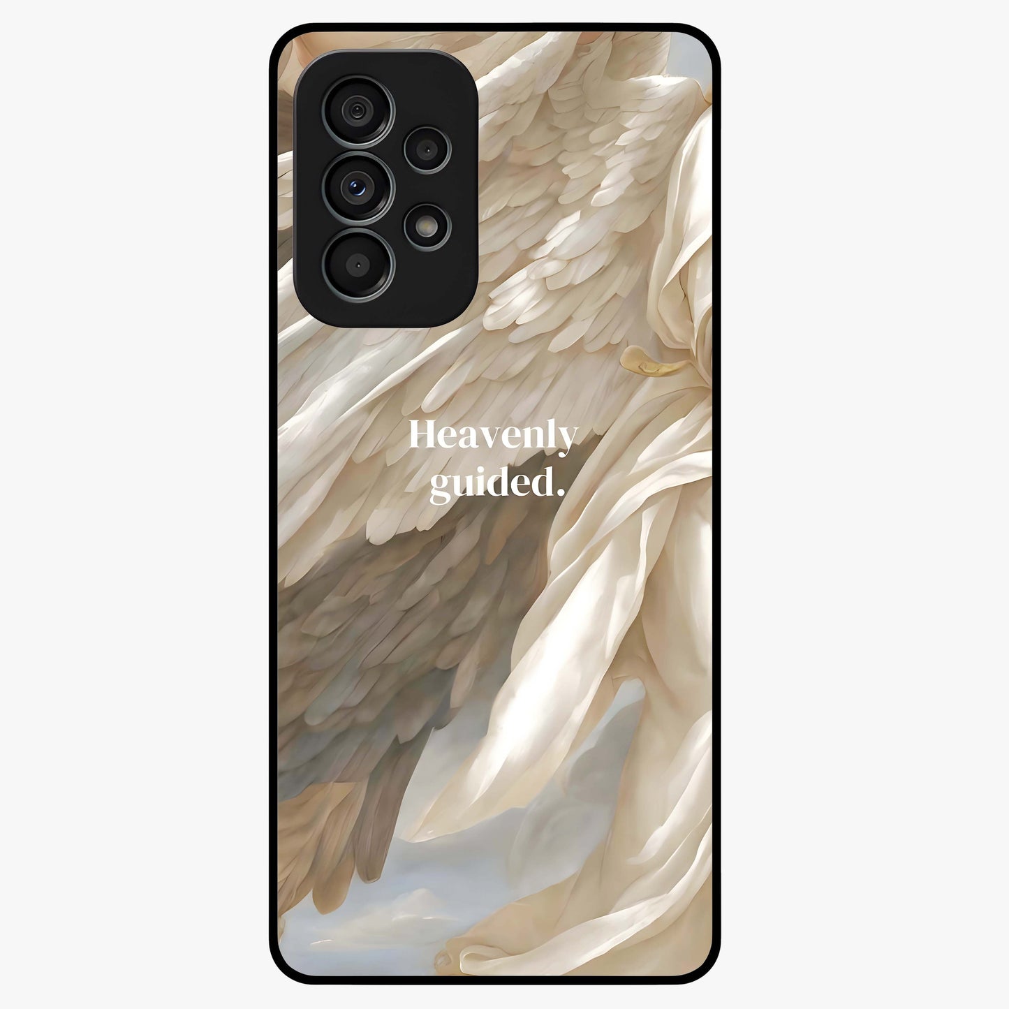 Divine Winged Grace Glass Case showing flat back view with elegant wing inspired artwork and glossy glass finish.