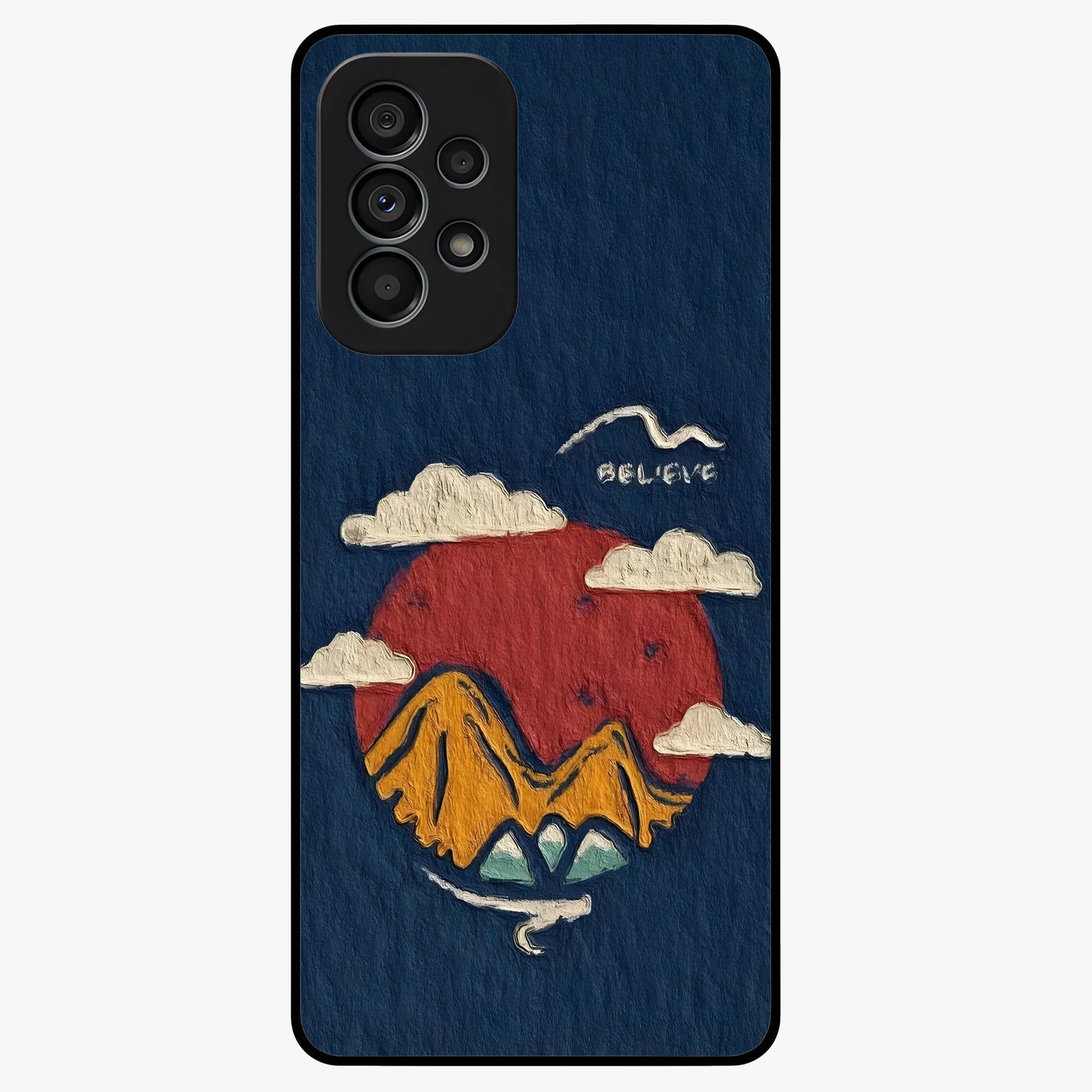 Dream Beyond Mountains Glass Case showing flat back view with scenic mountain landscape artwork and glossy glass finish.