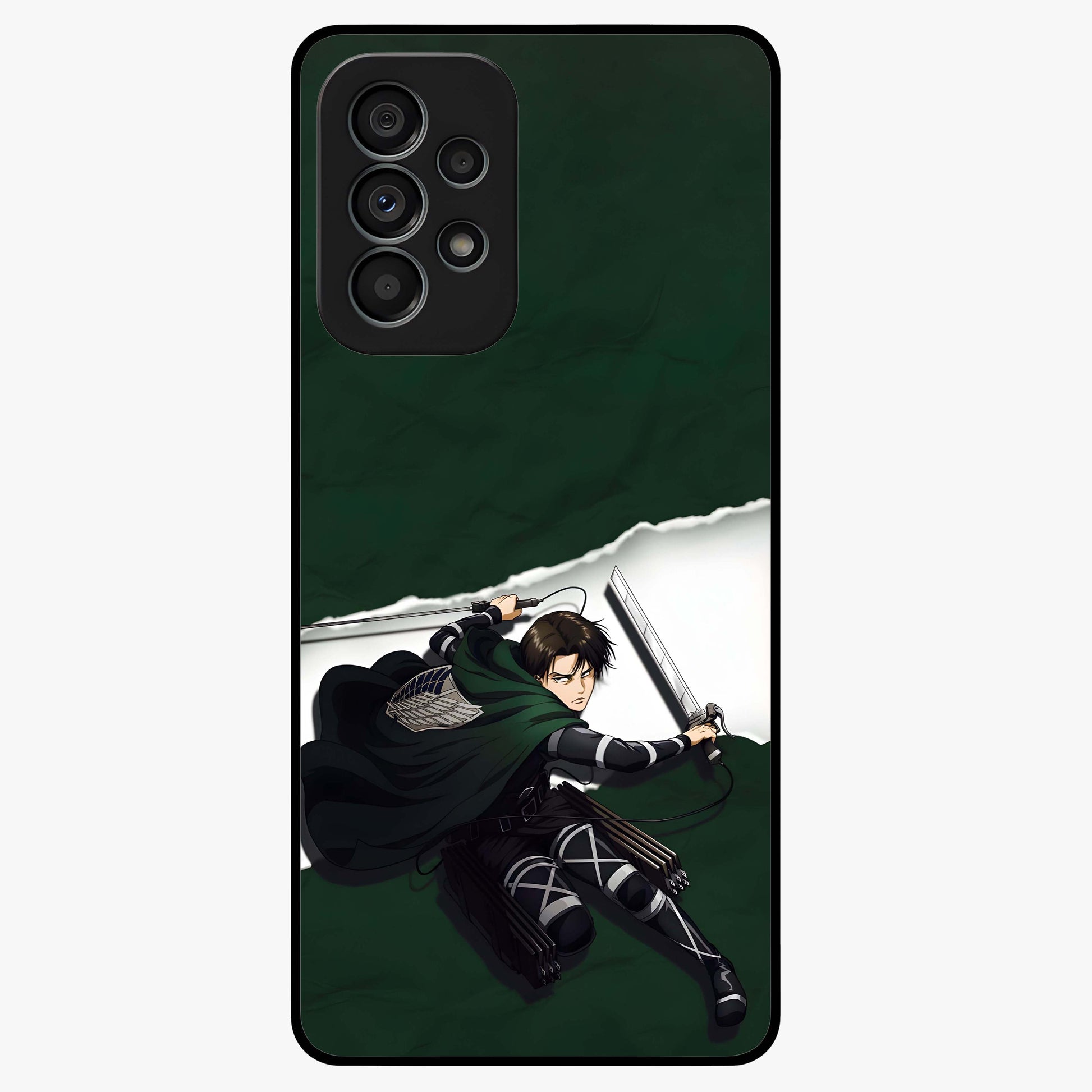 Emerald War Vanguard Glass Case showing flat back view with powerful warrior themed artwork and glossy glass finish.