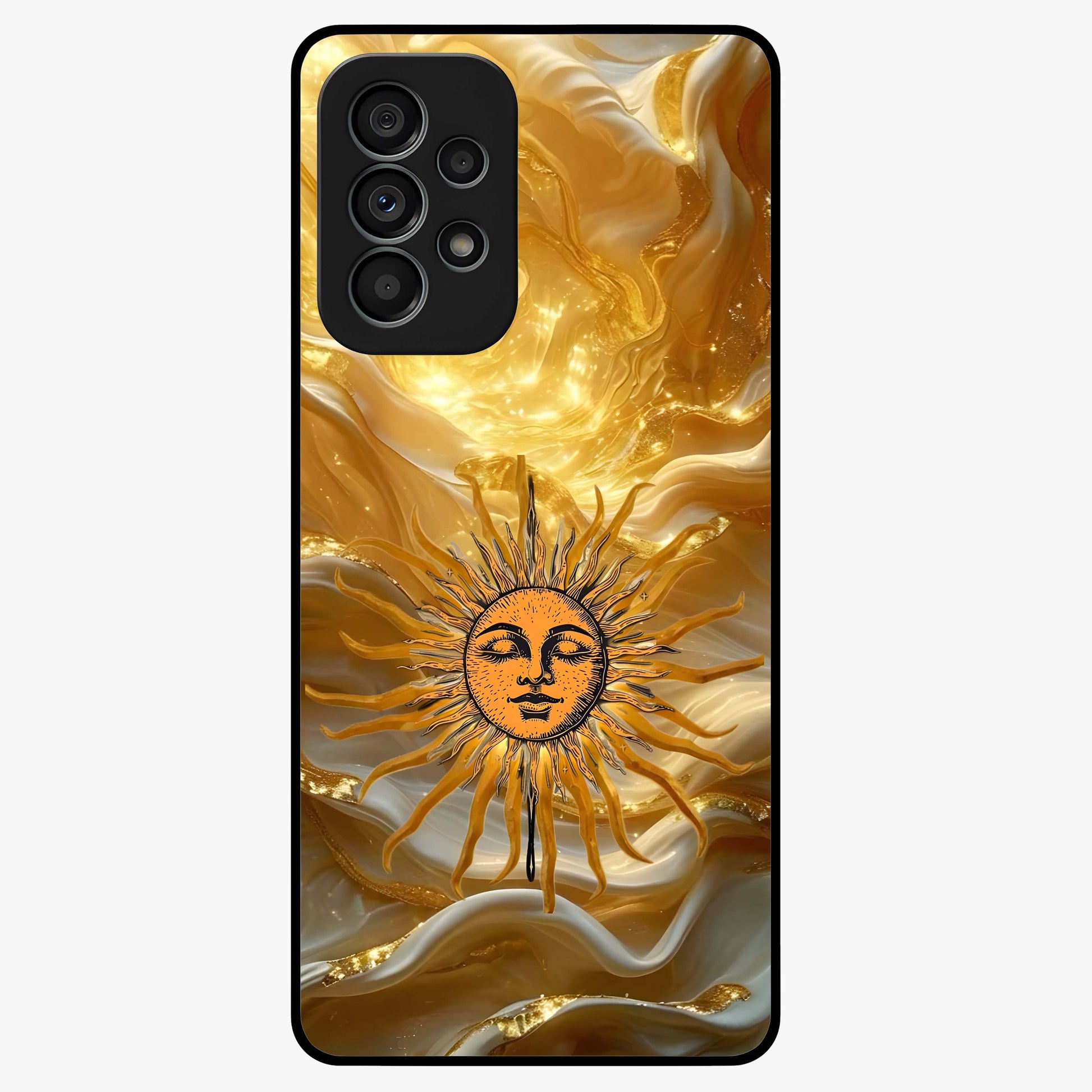 Eternal Golden Glow Glass Case showing flat back view with radiant golden themed artwork and glossy glass finish.
