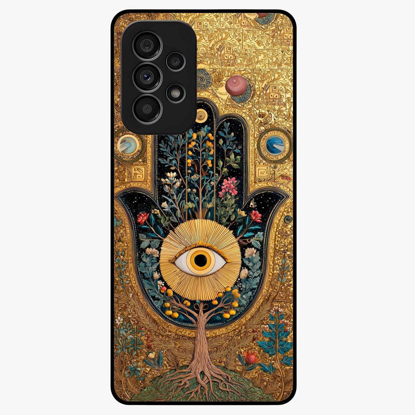 Ethereal Evil Eye Glass Case showing flat back view with mystical evil eye artwork and glossy glass finish.
