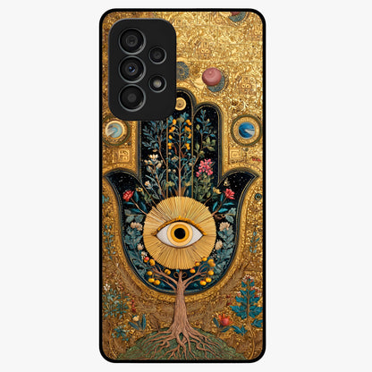 Ethereal Evil Eye Glass Case showing flat back view with mystical evil eye artwork and glossy glass finish.