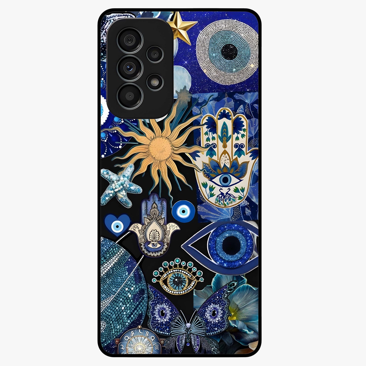 Evil Eye Charm Mix Glass Case showing flat back view with multiple evil eye charms artwork and glossy glass finish.