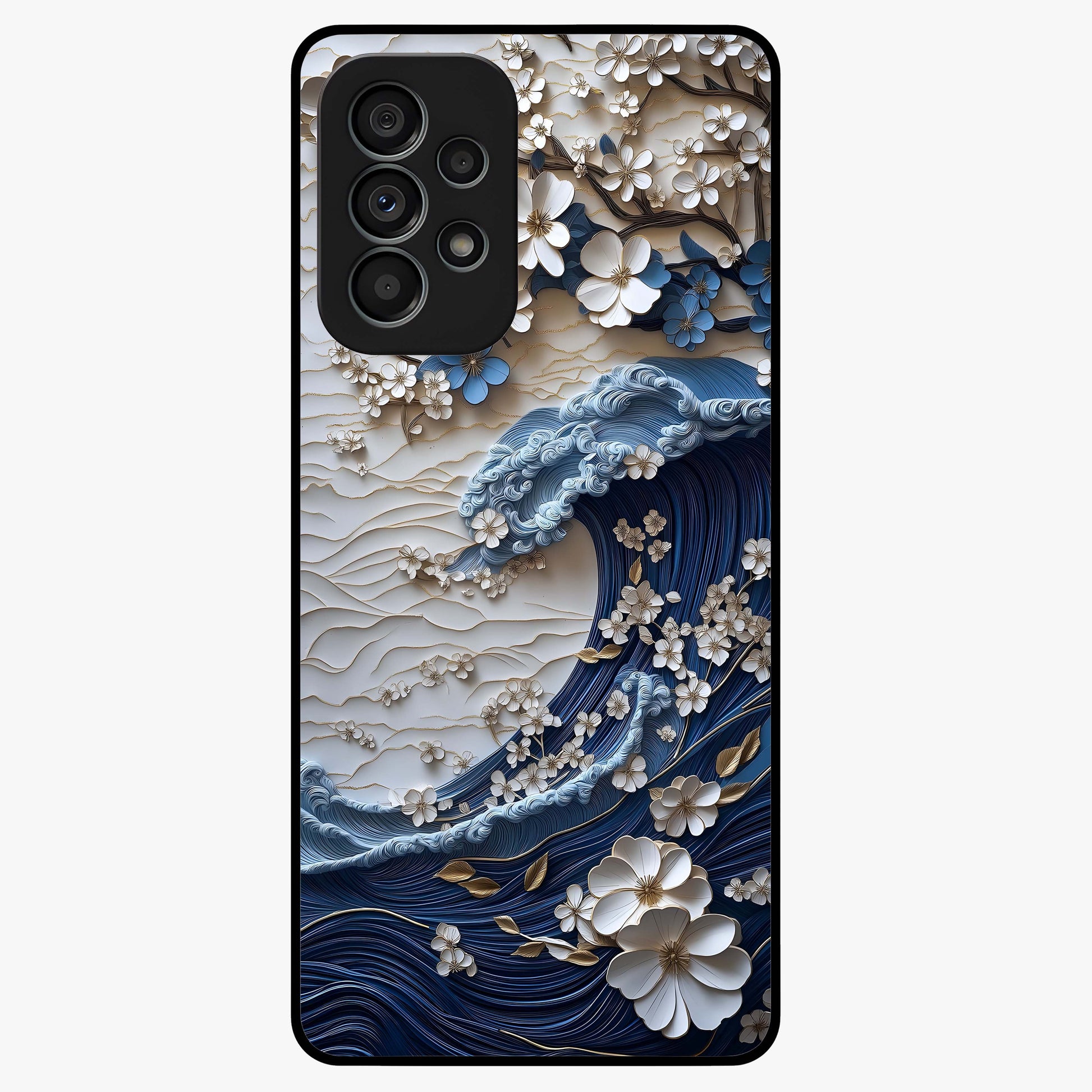 Floral Wave Origami Glass Case showing flat back view with origami inspired floral wave artwork and glossy glass finish.