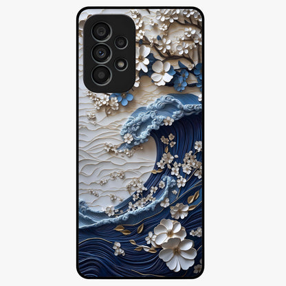 Floral Wave Origami Glass Case showing flat back view with origami inspired floral wave artwork and glossy glass finish.