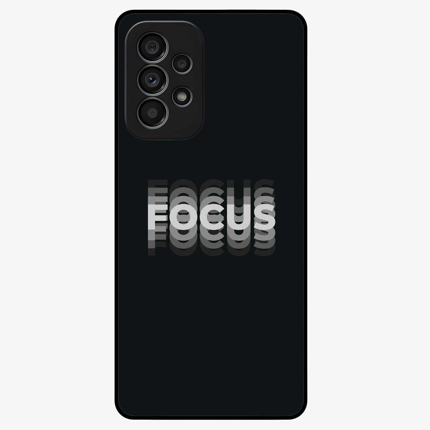 Focus Mode On Glass Case showing flat back view with bold motivational typography design and glossy glass finish.