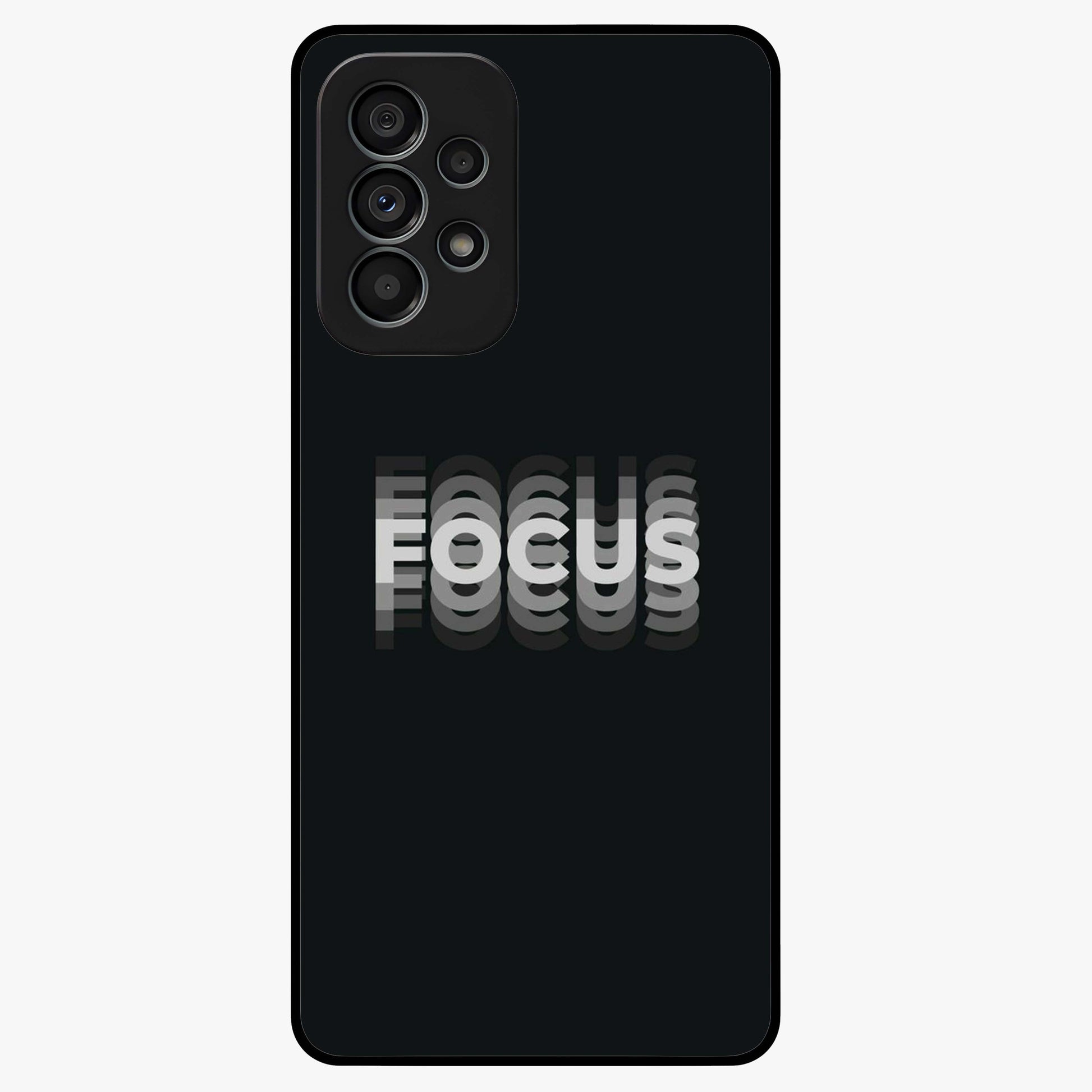 Focus Mode On Glass Case showing flat back view with bold motivational typography design and glossy glass finish.
