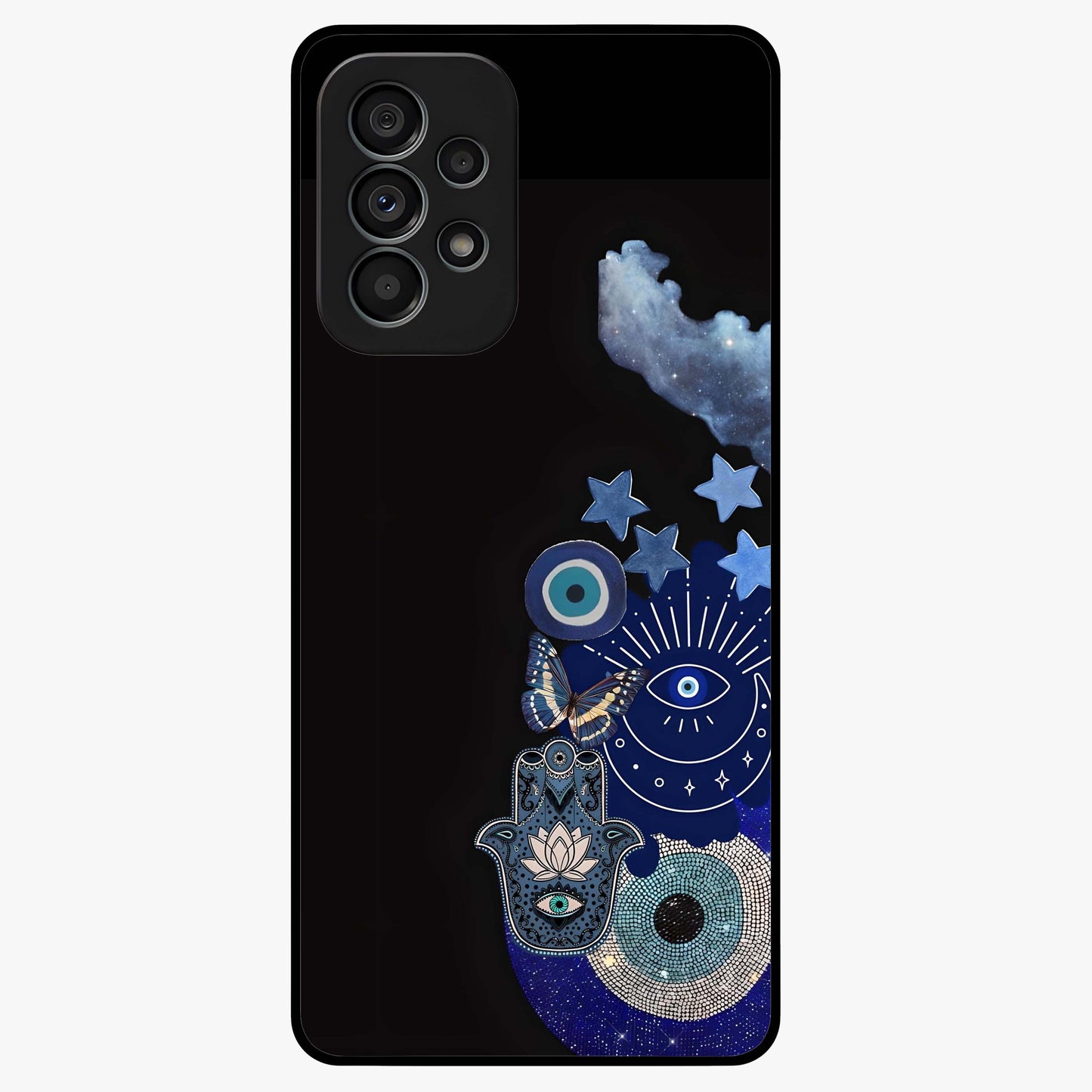 Galactic Charm Cluster Glass Case showing flat back view with glowing celestial charm artwork and glossy glass finish.