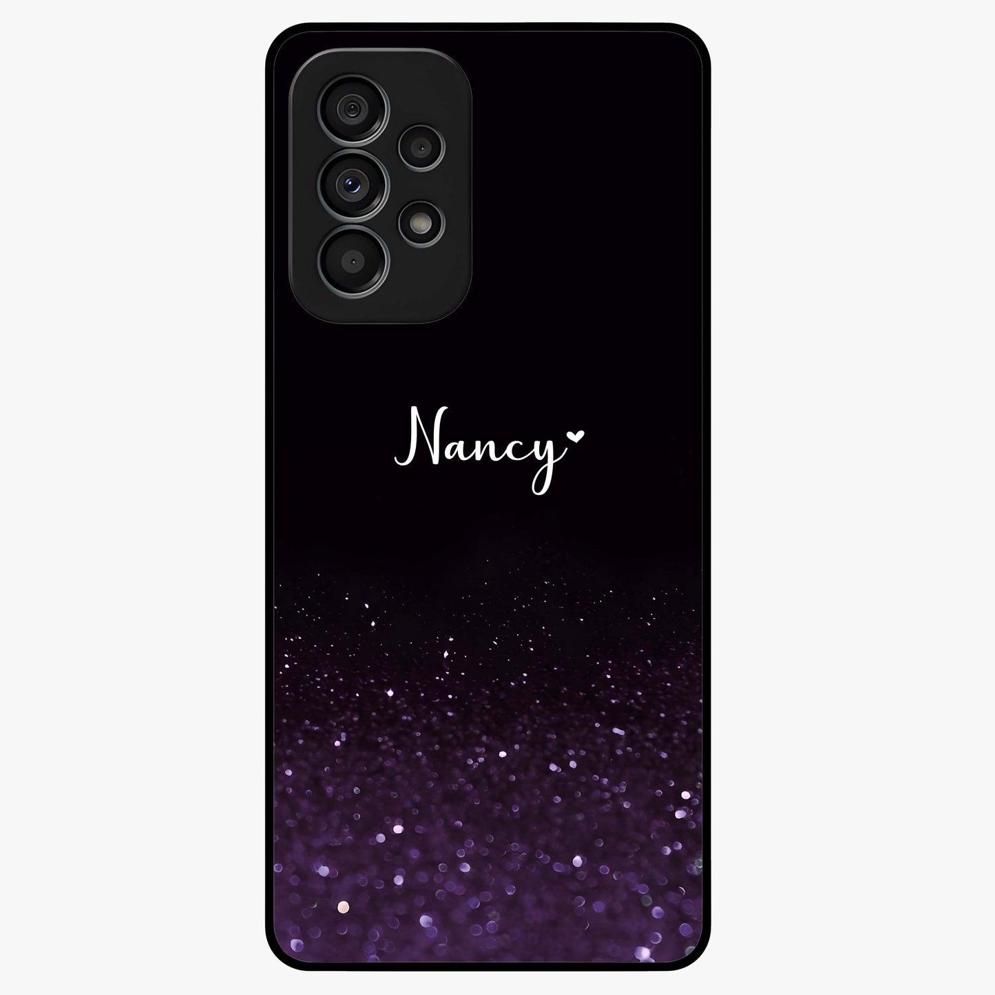 Glittery Purple Bokeh Custom Name Glass Case showing flat back view with purple bokeh sparkle artwork and personalized name design.