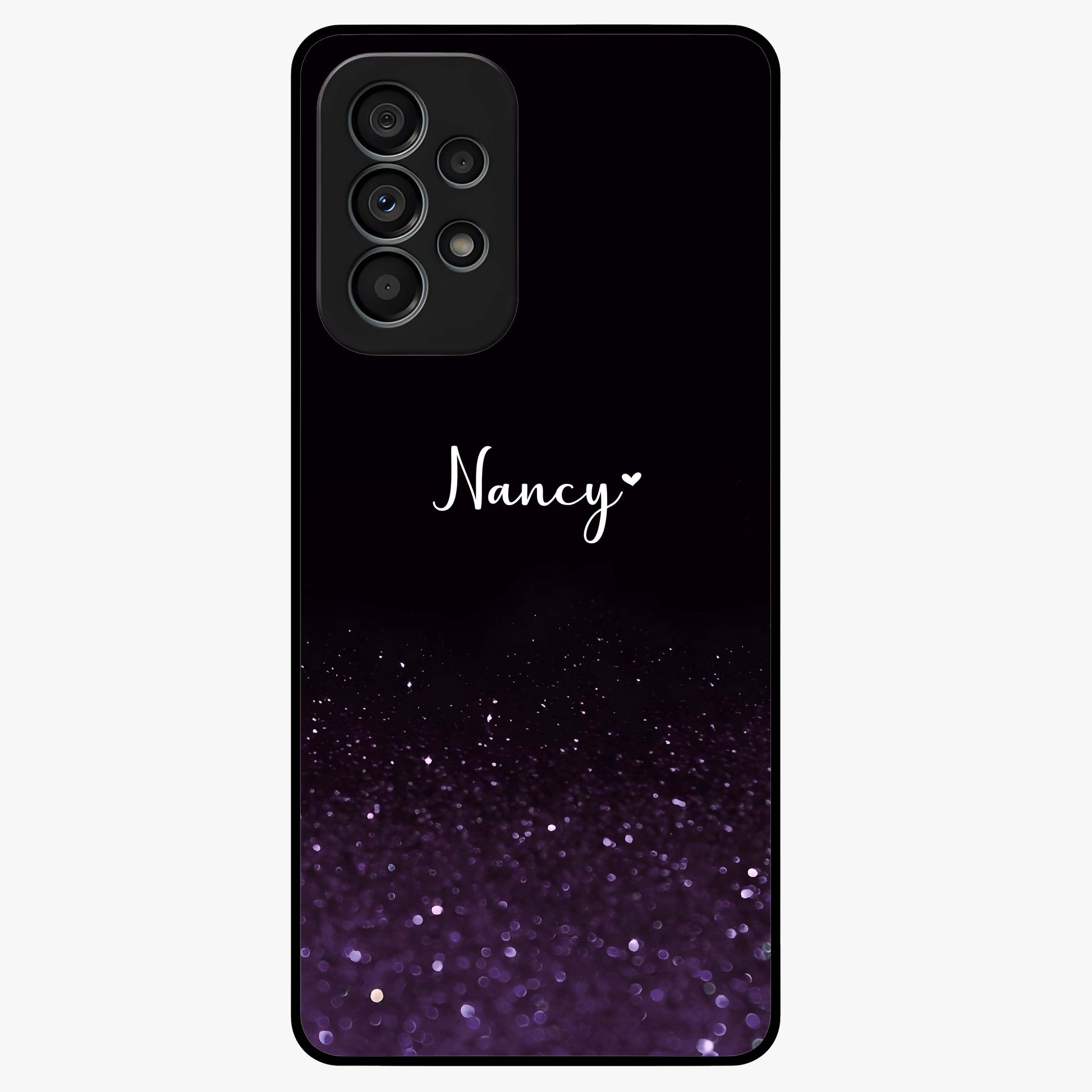 Glittery Purple Bokeh Custom Name Glass Case showing flat back view with purple bokeh sparkle artwork and personalized name design.