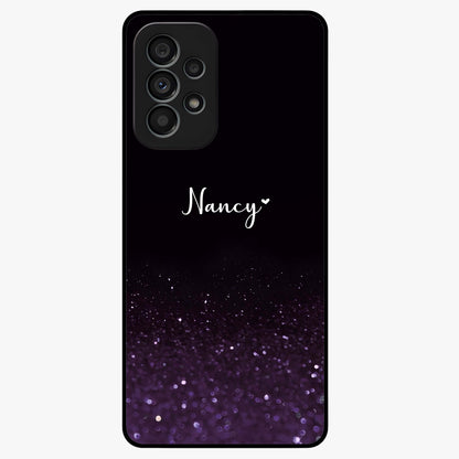 Glittery Purple Bokeh Custom Name Glass Case showing flat back view with purple bokeh sparkle artwork and personalized name design.
