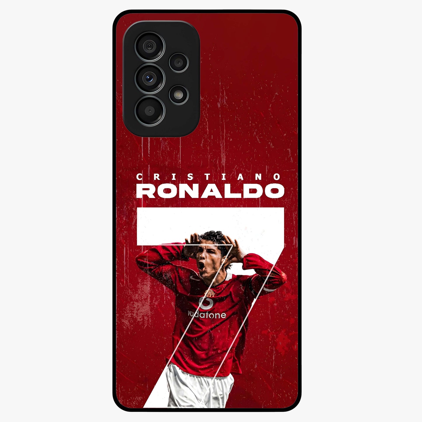 Goal Celebration Legacy Glass Case showing flat back view with football celebration inspired artwork and glossy glass finish.