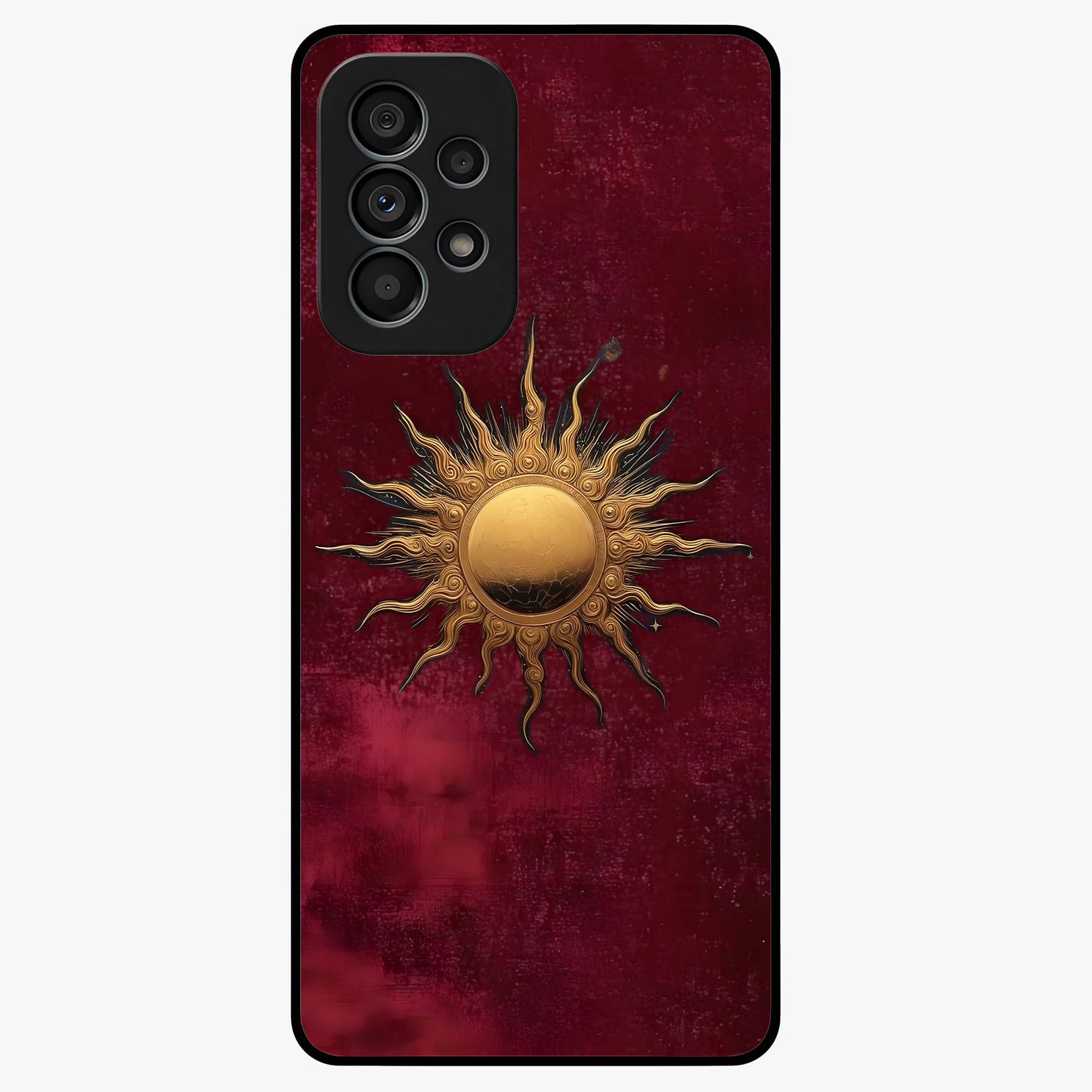Gold Sun Blush Glass Case showing flat back view with golden sun inspired artwork and glossy glass finish.