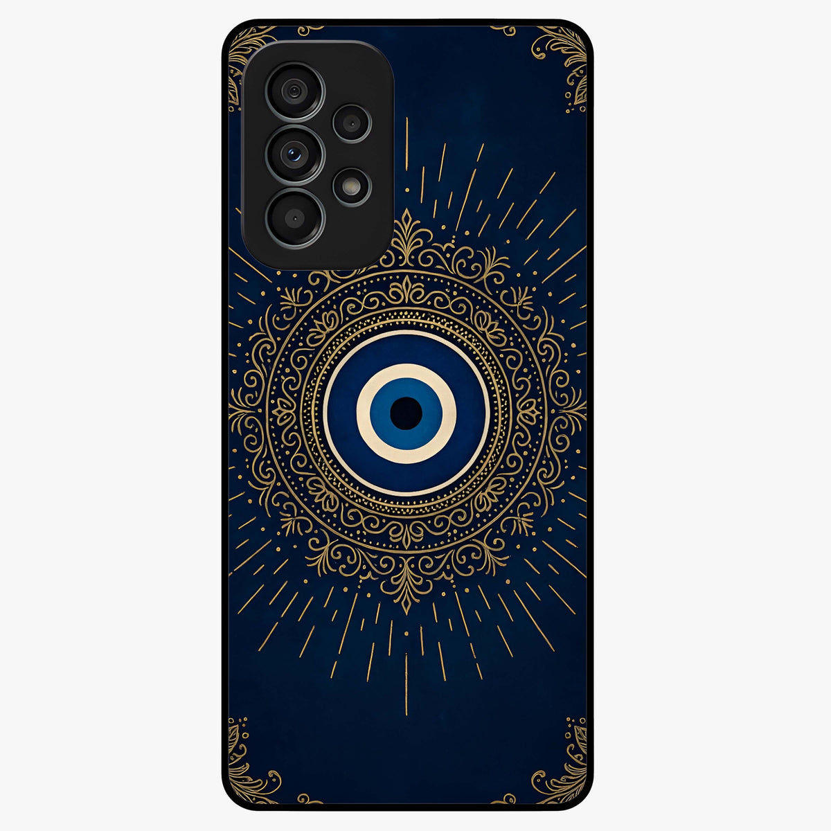 Golden Evil Eye Mandala Glass Case showing flat back view with intricate evil eye mandala artwork and glossy glass finish.