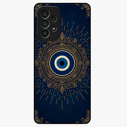 Golden Evil Eye Mandala Glass Case showing flat back view with intricate evil eye mandala artwork and glossy glass finish.