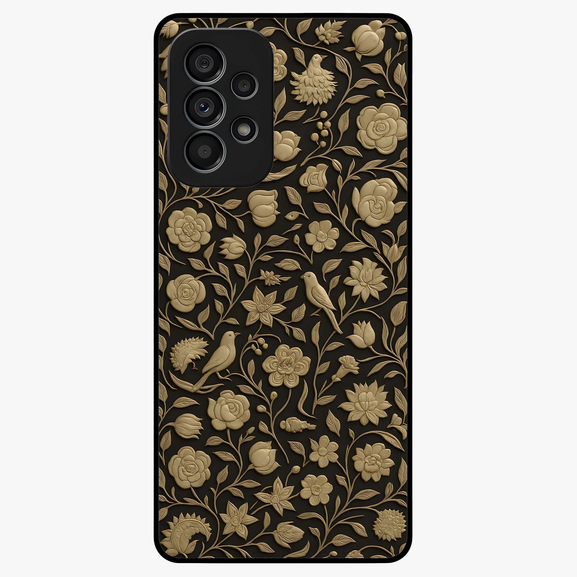 Golden Floral Majesty Glass Case showing flat back view with luxurious golden floral artwork and glossy glass finish.