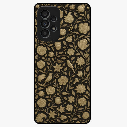 Golden Floral Majesty Glass Case showing flat back view with luxurious golden floral artwork and glossy glass finish.
