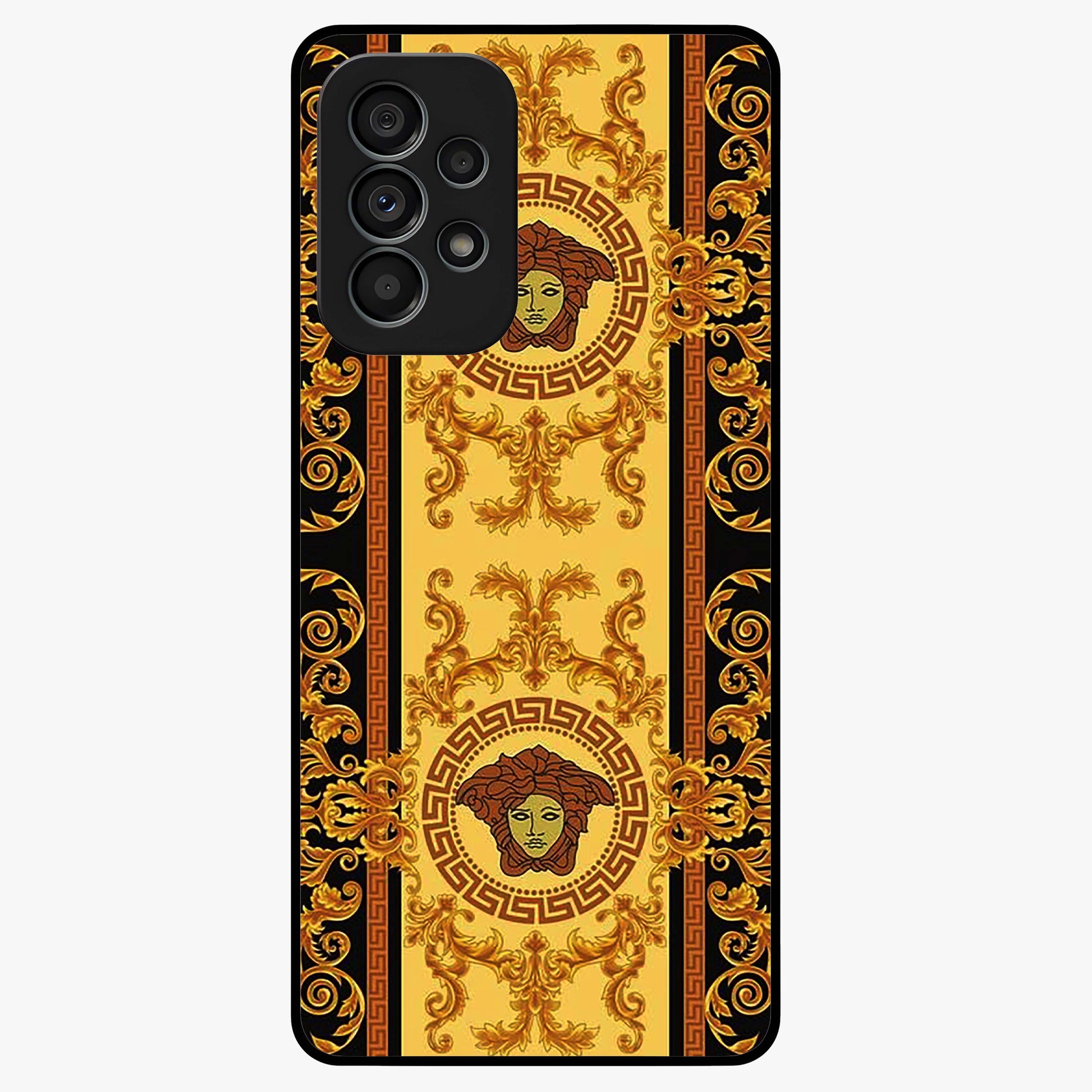 Golden Royal Heritage Glass Case showing flat back view with ornate royal pattern artwork and glossy glass finish.