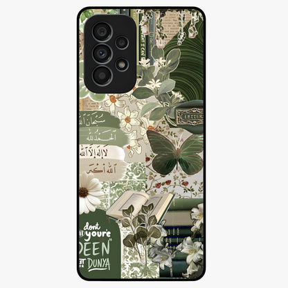 Green Islamic Books Quotes Glass Case showing flat back view with Islamic quotes and book themed artwork and glossy glass finish.