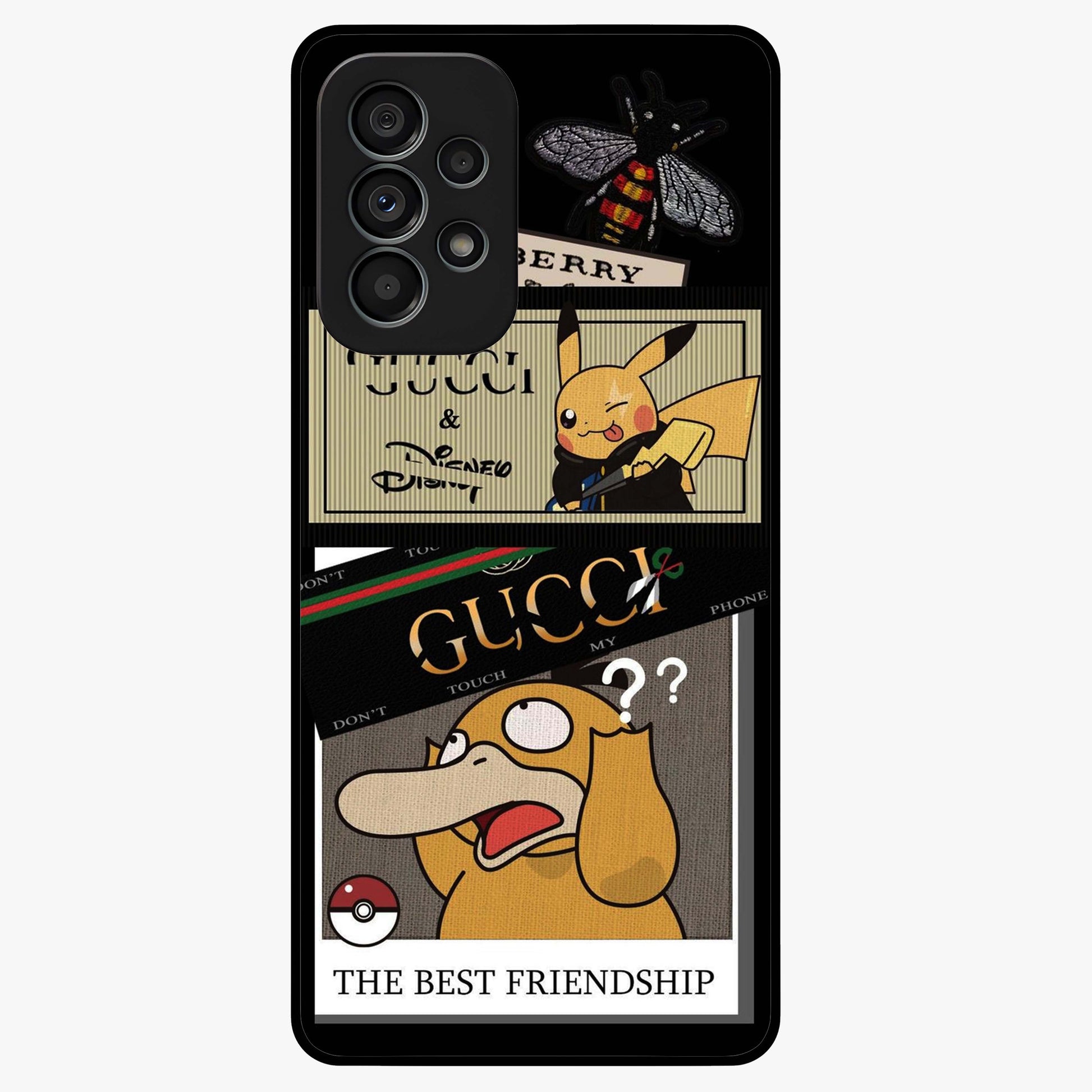 Gucci Play Mashup Glass Case showing flat back view with luxury inspired graphic artwork and glossy glass finish.