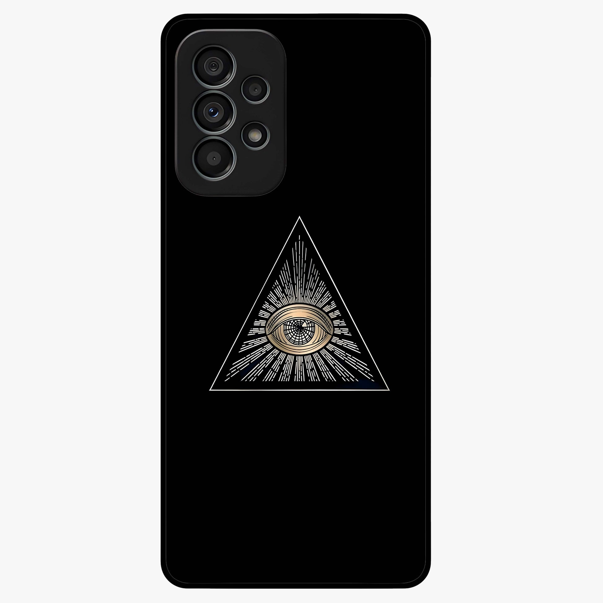 Illuminati Evil Glass Case showing flat back view with mysterious illuminati symbol artwork and glossy glass finish.