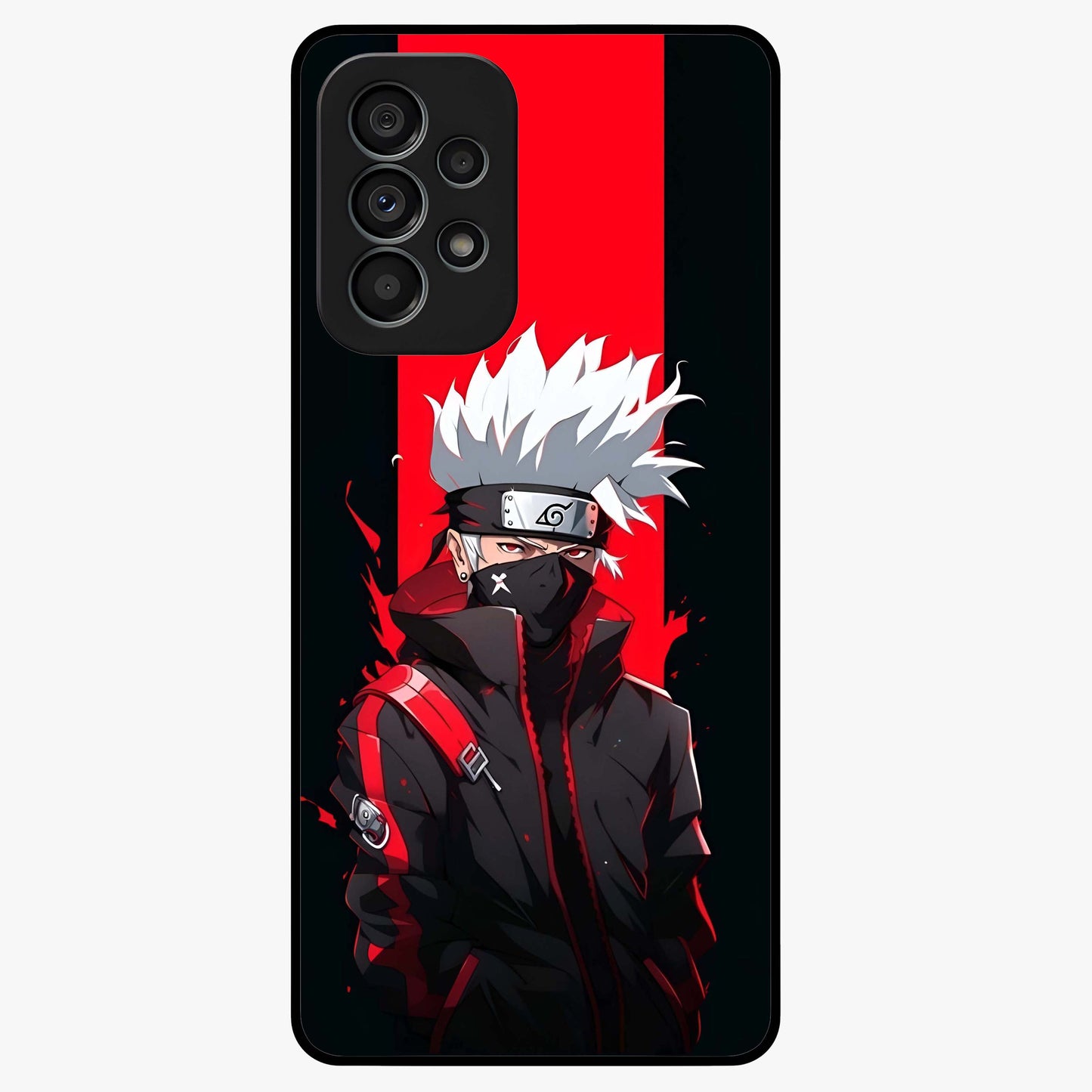Kakashi Scarlet Shadow Glass Case showing flat back view with powerful anime ninja artwork and glossy glass finish.