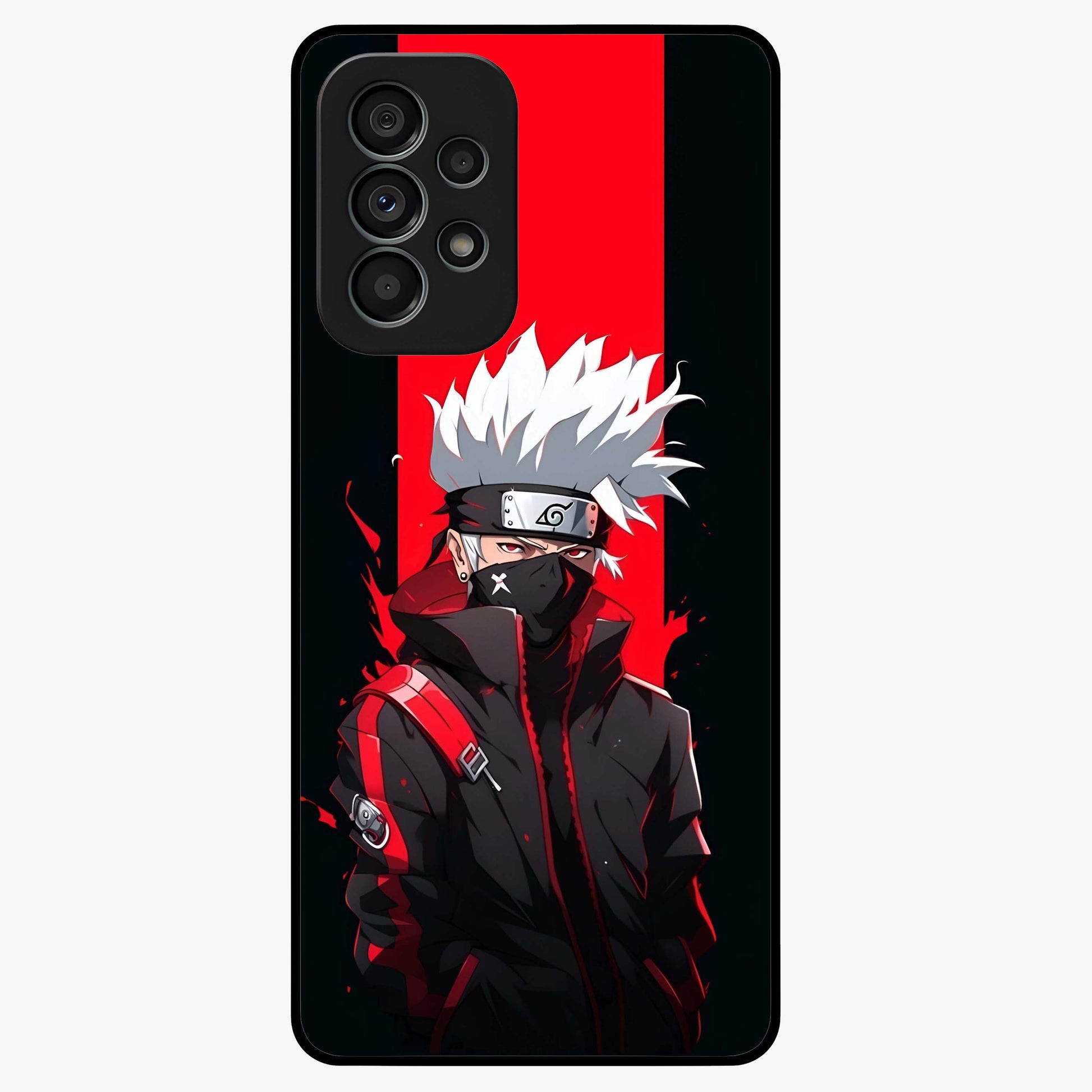 Kakashi Scarlet Shadow Glass Case showing flat back view with powerful anime ninja artwork and glossy glass finish.