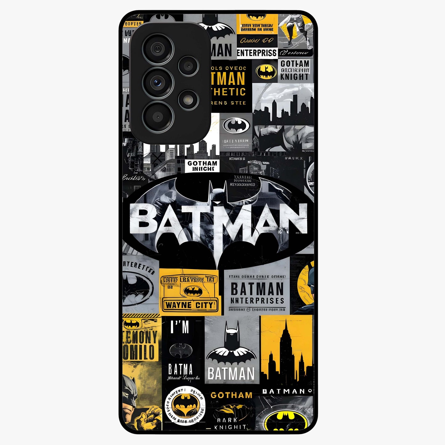Knight Gotham Rise Glass Case showing flat back view with dark hero inspired artwork and glossy glass finish.