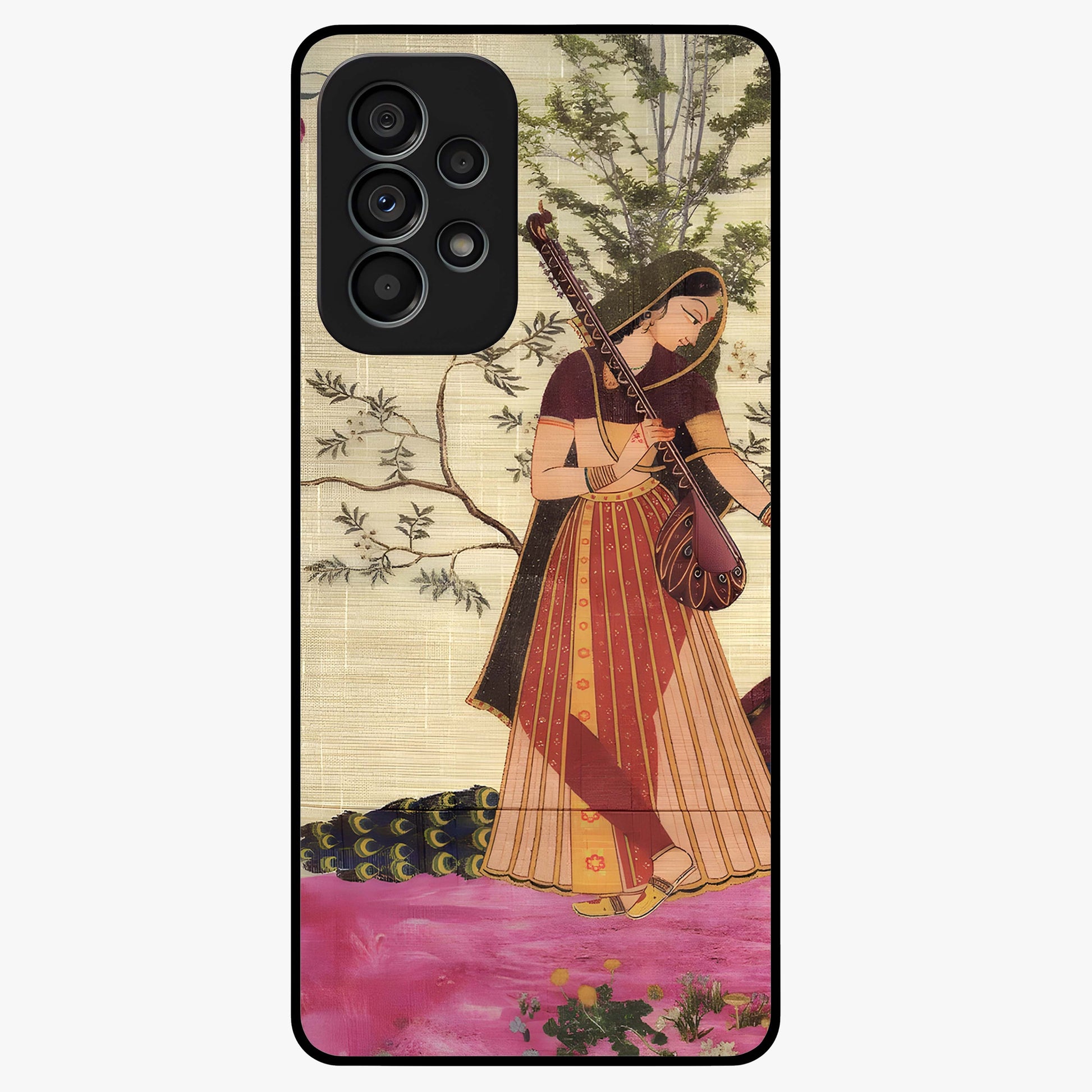 Lady With Veena Art Glass Case showing flat back view with elegant woman playing veena artwork and glossy glass finish.