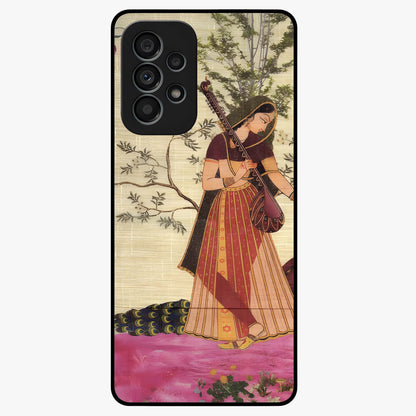 Lady With Veena Art Glass Case showing flat back view with elegant woman playing veena artwork and glossy glass finish.