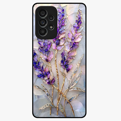 Lavender Dream Glow Glass Case showing flat back view with glowing lavender aesthetic artwork and glossy glass finish.