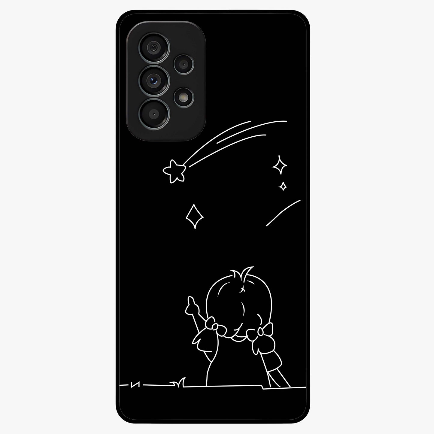 Line Art Girl With Shooting Stars Glass Case showing flat back view with minimal line art girl and shooting stars illustration and glossy glass finish.