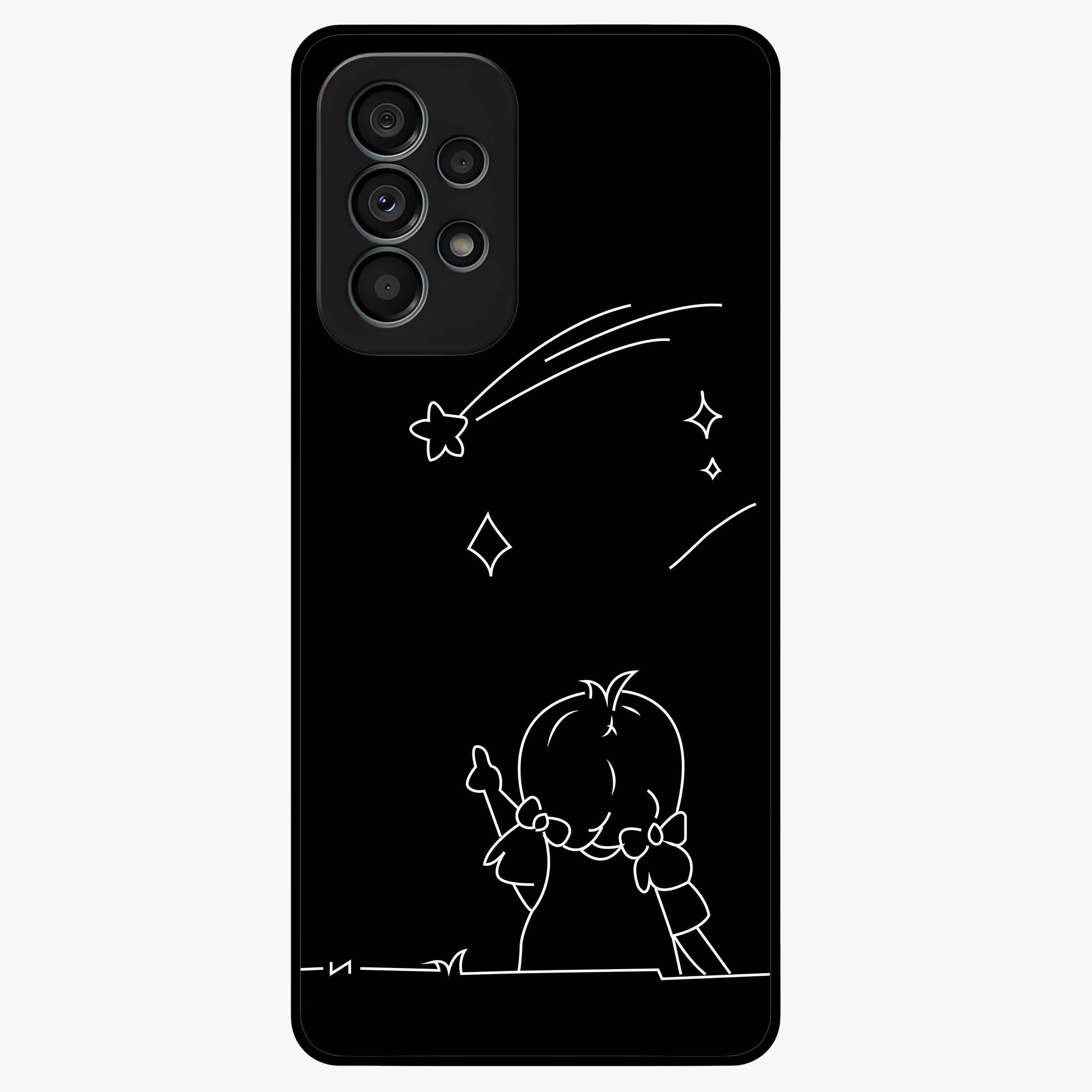 Line Art Girl With Shooting Stars Glass Case showing flat back view with minimal line art girl and shooting stars illustration and glossy glass finish.