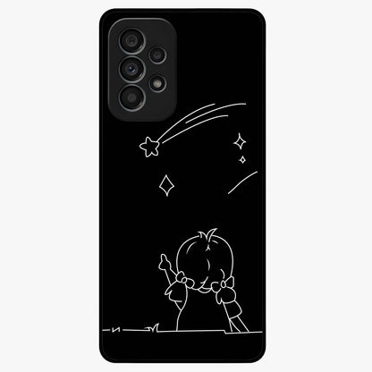 Line Art Girl With Shooting Stars Glass Case showing flat back view with minimal line art girl and shooting stars illustration and glossy glass finish.