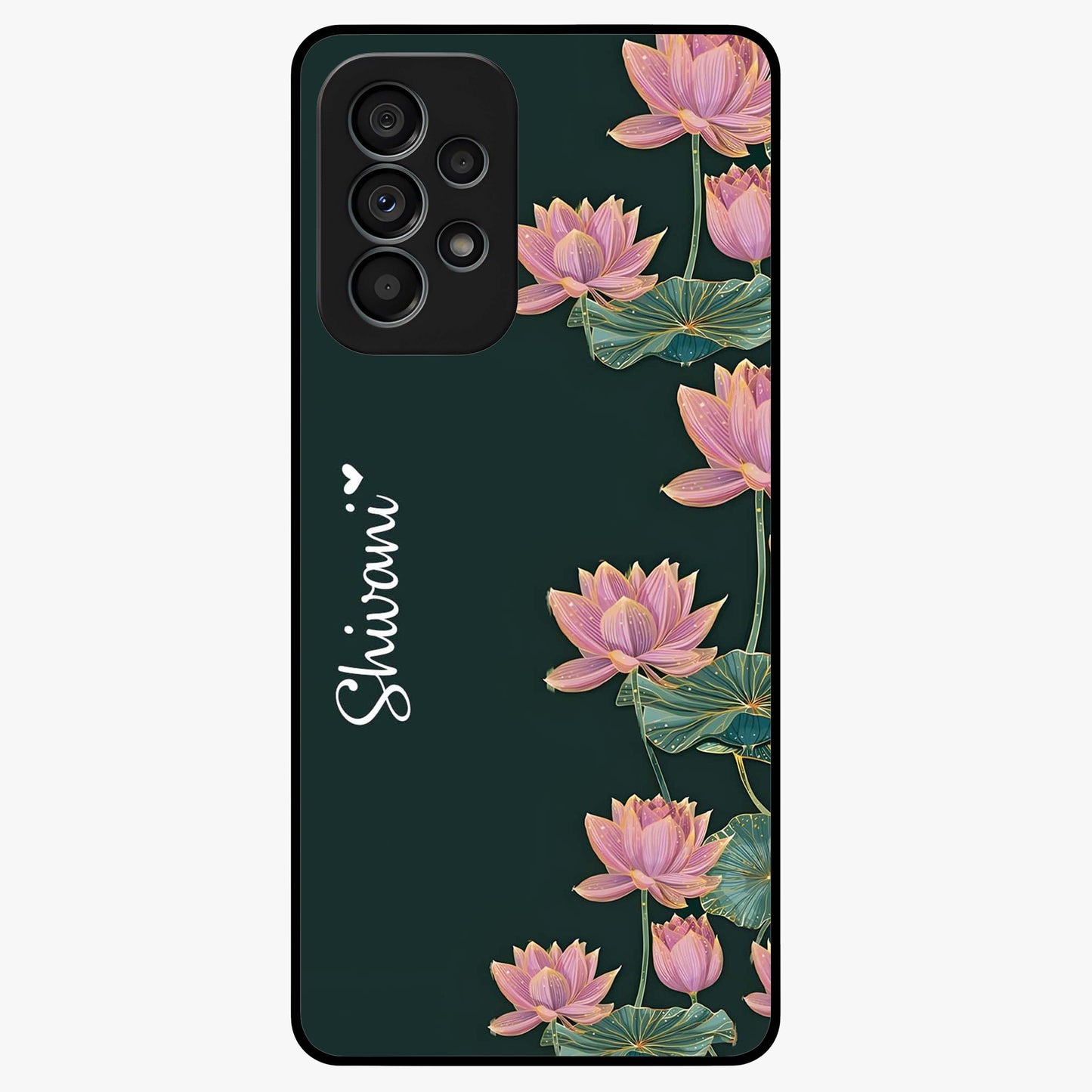 Lotus Bloom Serenity Custom Name Glass Case showing flat back view with elegant lotus flower artwork and personalized name design.